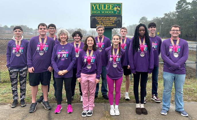 Yulee High Schools’s Marathon High team includes, front row from left, Nicolas Faulk, Lynette Brosius (Coach) Amelia Burbo, Debbie Hoffman, Myka Gray and Thomas Faulk; back row, Jaxen Brewer, Jonathan Smyth, Peyton Gibbs, Carter Parent, Luke Paxton and Jerin Shellenberger. Submitted