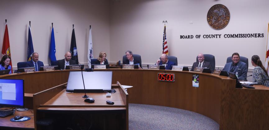The Nassau County Board of County Commissioners met Monday for its twice-monthly meeting, from left, Deputy County Attorney, Abigail Jorandby, Assistant County Manager, Marshall Eyerman, County Manager, Taco Pope, County Attorney, Denise May, County Commissioners A.M. “Hupp” Huppmann, Klynt Farmer, John Martin, Jeff Gray and Alyson McCullough. Photo by Ashley Chandler/News-Leader