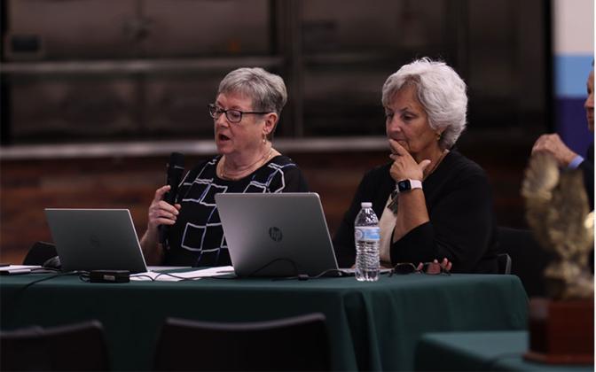 From left, Sharyl Wood and Jessica Raspa served as scorekeepers for the Constitution Bowl. Photo by Ashley Chandler/News-Leader