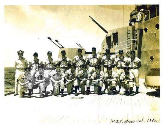 Shown is a photo of the Navy baseball team aboard the U.S.S. Missouri. Roberts is the pitcher, front row, second from left. Photo courtesy of David Roberts
