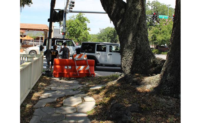 The sidewalk in front of the Hoyt House bed and breakfast is being damaged by the roots of a tree and has been closed by the Florida Department of Transportation. The department plans to remove the hexagonal pavers that make up the sidewalk and replace them with concrete, while local residents want the pavers to be preserved. Photo by Julia Roberts
