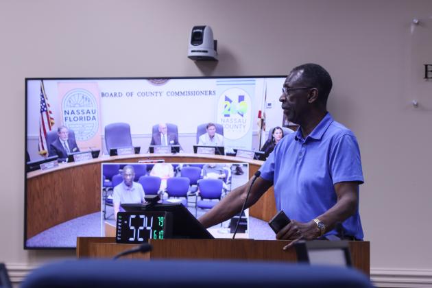 Erving Gilliard, chair of the American Beach Water and Sewer District Advisory Board, thanks the Nassau County Board of County Commissioners on Monday for their support of American beach. The American Beach Water and Sewer District Advisory Board will hold its regular board meeting at 4 p.m. today. Photo by Ashley Chandler/News-Leader