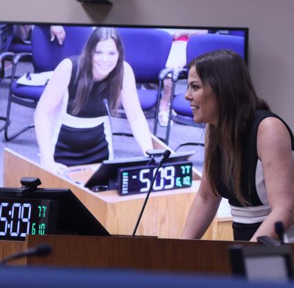 Katie Peay, director of Stormwater and Drainage Management, presents updates on the Thomas Creek Implementation Plan on Monday to the board of county commissioners. An Open House is set for the public to ask questions about the Thomas Creek Implementation Plan on June 20. Photo by Ashley Chandler/News-Leader