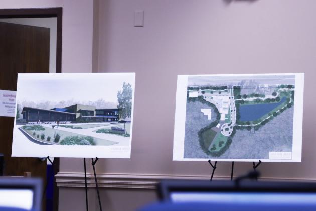 The conceptualization for the new Nassau County Animal Services shelter building already is complete. The site plan, floorplan and vertical rendering were displayed in the chambers during the meeting. Photo by Ashley Chandler/News-Leader