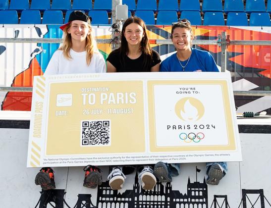 Poe Pinson, Paige Heyn and Mariah Duran, left, are Olympic qualifiers in street skateboarding.