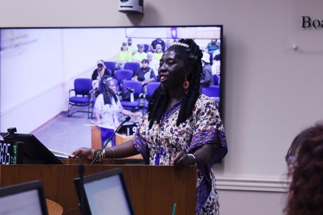Chieftess of the Gullah-Geechee Nation Queen Quet speaks at the podium Wednesday after Nassau County proclaimed July 27-Aug. 4 as Gullah-Geechee Nation Appreciation Week in the county. Photo by Ashley Chandler/News-Leader