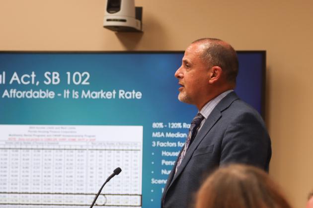 Assistant County Manager Marshall Eyerman presented the anticipated impacts on Nassau County if the tax exemptions implemented into the Live Local Act were left in place. Staff recommended that the BOCC consider electing to not exempt property under the Live Local Act Property Tax Exemption and commissioners agreed. Photo by Ashley Chandler/News-Leader