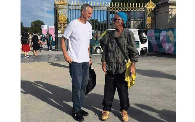Fernandina Beach native Kenny Pinson, Olympian Poe Pinson’s father, right, talks to skateboarding legend Tony Hawk at the 2024 Paris Olympics. Submitted photo