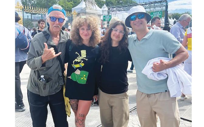 From left, Kenny Pinson; Mei Pruitt, Poe Pinson’s Personal Trainer; Alex Scripnik, Poe’s younger sister; and Igor Scripnik, Poe’s stepfather pose for a photo at the 2024 Paris Olympics. Submitted photo