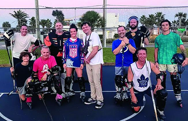 Jeays Matz, who is competing in Italy with the USA junior women’s inline hockey world championships, is pictured with a youth group, top, and adult players at Main Beach, where she got her start a decade ago. Submitted photo
