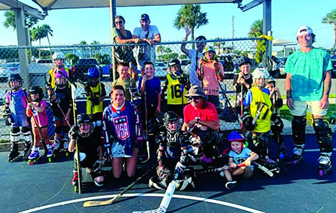 Jeays Matz, who is competing in Italy with the USA junior women’s inline hockey world championships, is pictured with a youth group, top, and adult players at Main Beach, where she got her start a decade ago. Submitted photo