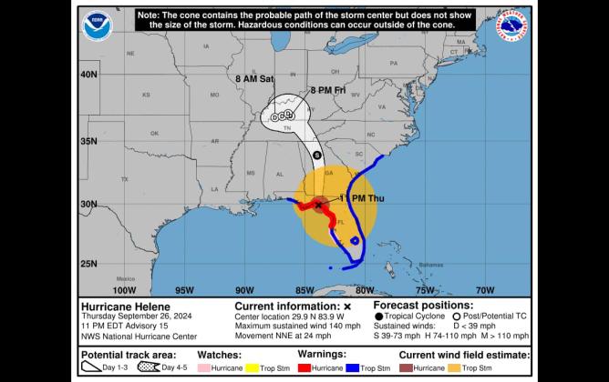Nassau County Emergency Management posted this photo alongside a social media post that said Hurricane Helene made landfall at approximately 10:45 p.m. in the Florida Big Bend Region near Keaton Beach in Taylor County.