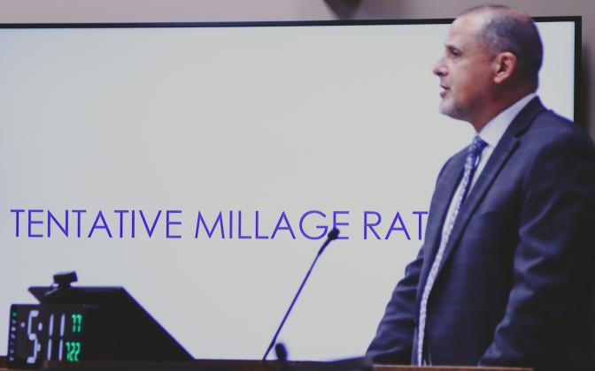 Assistant County Manager Marshall Eyerman presents the tentative budget and millage rates July 22 at the Board of County Commissioners Meeting. File photo/News-Leader