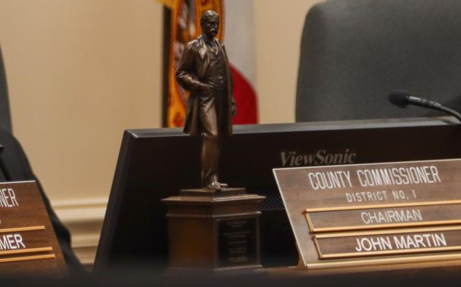 A Flagler Award sits on the commissioners desk Monday at the Nassau County Board of County Commissioners meeting. Ashley Chandler/News-Leader