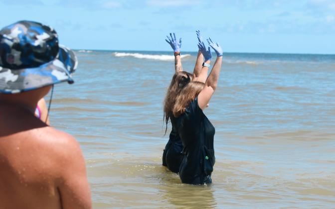 Dr. Briana-Lee Shaffner, associate veterinarian, left, and Sydney Milburn, rehabilitation technician I, cheer after releasing Quintet and Gamby into the Atlantic Ocean on Thursday at Main Beach. Ashley Chandler/News-Leader