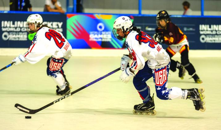 Jeays Matz of Fernandina Beach in action for Team USA during the junior women’s Inline Hockey World Championships in Italy. Submitted photo