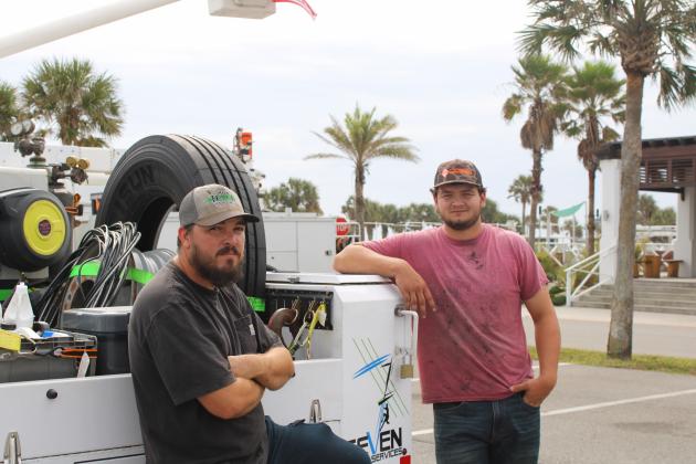 Dalton Durmine and Corey Hooker are mechanics for 7 Utility Services. The pair had been on call for 14 days straight following Hurricane Helene. They were at Main Beach on Monday where their company had 75 pieces of equipment ready to help restore electricity after Hurricane Milton, which is predicted to hit the west coast of Florida early Thursday. Durmine and Hooker have been working in Georgia, and said they "have no idea" how long they will be in Florida. "It all depends on the hurricane," Durmine said.