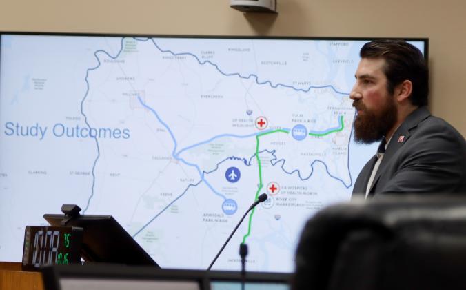 Director of Planning and Sustainability for Jacksonville Transportation Authority, Alexander Traversa, gives a presentation on the Nassau County Transit Study 2024 Update on Oct. 16 at the Board of County Commissioners meeting. Photo by Ashley Chandler/News-Leader