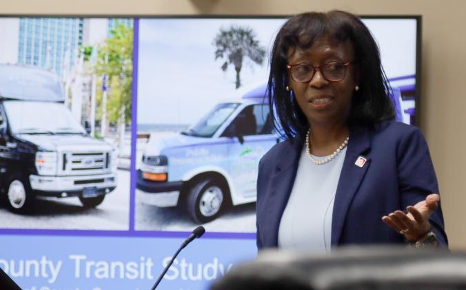 Greer Johnson Gillis, Senior Vice President/Chief Infrastructure &amp; Development Officer of Jacksonville Transportation Authority speaks Oct. 16 at the Board of County Commissioners meeting ahead of a presentation on the Nassau County Transit Study 2024. Photo by Ashley Chandler/News-Leader