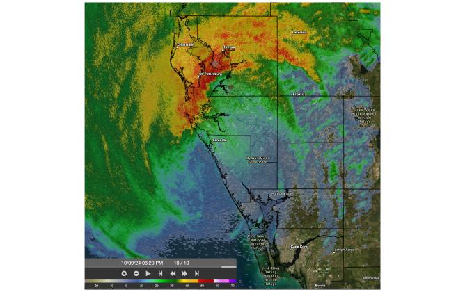 The National Hurricane Center shared this image at the time Hurricane Milton's eye made landfall. The National Hurricane Centers said: "830pm EDT Oct 9th: Doppler radar data indicates that the eye of #Hurricane #Milton has made landfall near Siesta Key in Sarasota County on the west coast of Florida. Image by NOAA