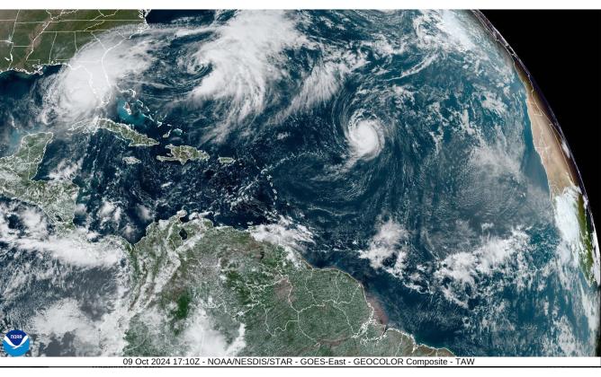 This NOAA image shows the Atlantic Ocean midday Wednesday. In the top left corner of the image, Hurricane Milton can be seen just off the west coast of Florida. Image by NOAA