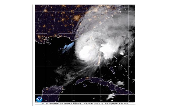 This GeoColor image made by NOAA shows where Hurricane Milton will be shortly after midnight. During the day, the imagery looks approximately as it would when viewed with human eyes from space. At night, the blue colors represent liquid water clouds such as fog and stratus, while gray to white indicate higher ice clouds, and the city lights come from a static database derived from the VIIRS Day Night Band.