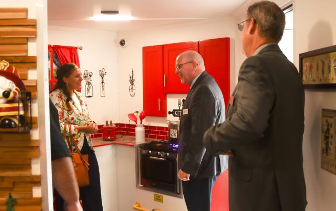 From left, commissioners Alyson McCullough, John Martin and A.M. "Hupp" Huppmann check out the new city/county Safety Education Trailer. Photo by Ashley Chandler/News-Leader