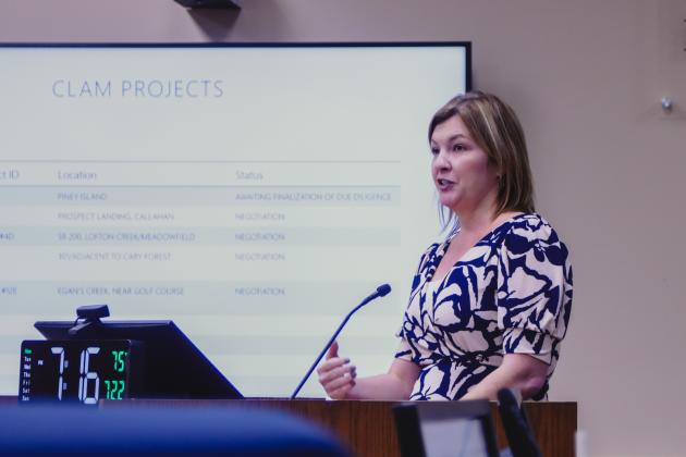 Nassau County Director of Strategic Advancement &amp; Economic Resources Brandy Carvalho speaks early this year on the Conservation Land Acquisition Management Program at a Board of County Commissioners meeting. News-Leader