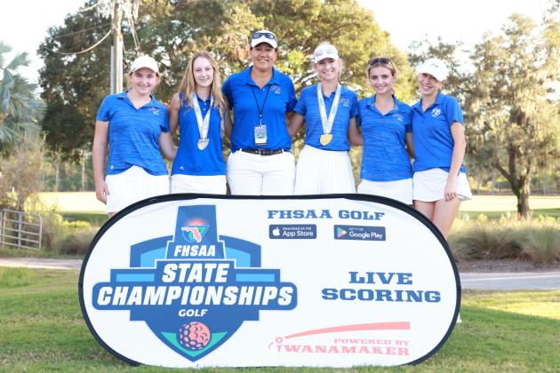 The FBHS girls golf team includes, from left, Zoey Gamba, Elle Reisner, head coach Christina Steffen, state champ Sady Campbell, Emma Genovese and Raleigh Simmons. Photo courtesy Pam Bell Photography