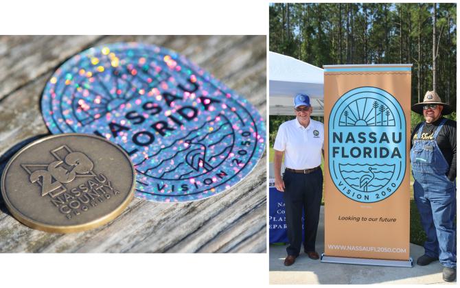 Left: A Nassau County Bicentennial Challenge Coin is shown alongside a Nassau County Vision 2050 sticker. Right: Chairman of the Board of County Commissioners, John Martin, left, poses with Commissioner Klynt Farmer next to a Nassau County Vision 2050 rollup banner at a Vision 2050 popup event in April. Photos by Ashley Chandler/News-Leader