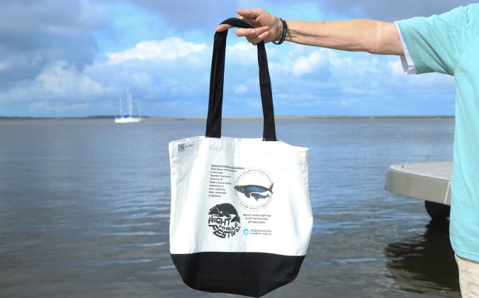 Candis Whitney shows off one of the totes that are being passed out to boaters at the marina as a part of a new initiative. The tote encourages boaters to take precautions, slow down and keep a look out for whales. Photo by Ashley Chandler/News-Leader