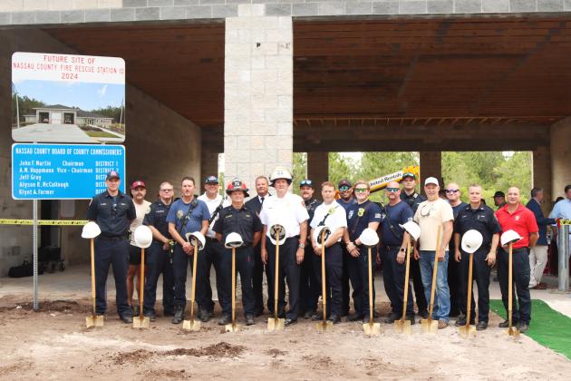 Members of the Nassau County Fire Rescue pose for a photo at the groundbreaking of Station 10 earlier this year. Photo by Ashley Chandler/News-Leader
