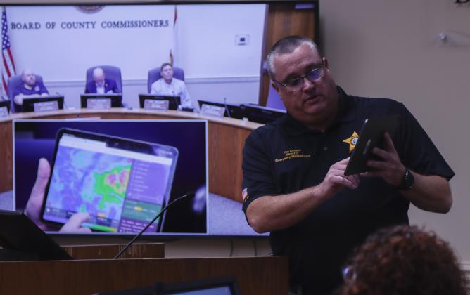 Emergency Management Director Tim Cooper shows radar images to the Nassau County Board of County Commissioners on Oct. 7 after the county declared a State of Emergency ahead of Hurricane Milton’s landfall. Photo by Ashley Chandler/News-Leader
