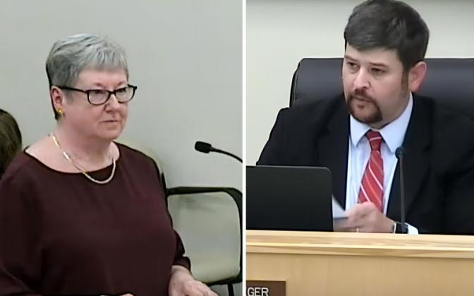 Nassau County School District attorney Brett Steger, right, presided over the May 20 textbook objection hearing along with hearing officer Sharyl Wood. Submitted