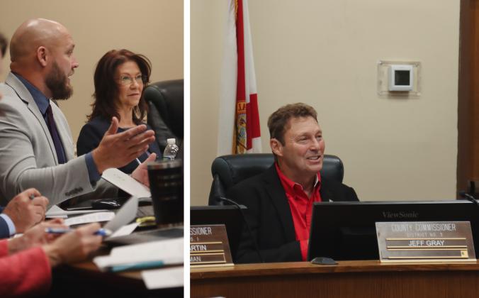 Left: County Manager Taco Pope, left, speaks Wednesday in the Commission Chambers for the last Board of County Commissioners meeting of the year. Right: Commissioner Jeff Gray speaks Wednesday in the Commission Chambers for the last Board of County Commissioners meeting of the year. Photos by Ashley Chandler/News-Leader