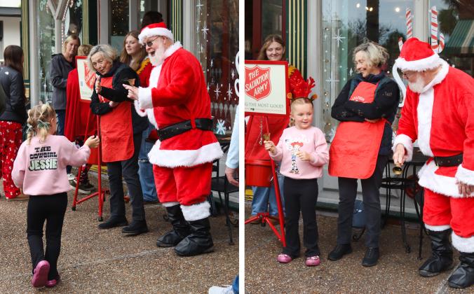 Josie Chase left was invited to ring the bell with the Salvation Army bell ringers on Friday at the Black Friday Pajama Party in Downtown Fernandina Beach. Pictured, from left in the photo on the right, Kenzie McMillan, Chase, Wendy Priesand and Santa, Tom Lohman. Photos by Ashley Chandler/News-Leader