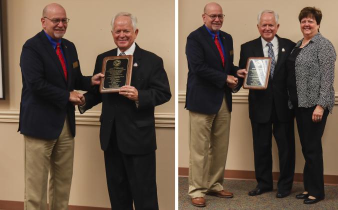 Left: From left, John Martin and John A. Crawford, recognized Dec. 18 for his retirement after 28 years of service as Nassau County Clerk of Courts and Comptroller. Left: From left, John Martin, John A. Crawford and wife, Betty. Photos by Ashley Chandler/News-Leader