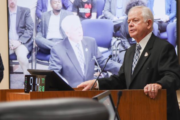 John A. Crawford speaks Dec. 18 at the Board of County Commissioners meeting after the board recognized his his retirement and 28 years of service as Nassau County Clerk of Courts and Comptroller. Photo by Ashley Chandler/News-Leader