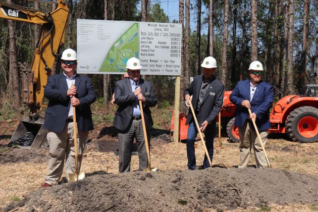 Nassau County held a groundbreaking for Westside Regional Park in 2022 to celebrate acquiring funding and design plans for the project. Pictured from left are former Commissioner Thomas Ford and current commissioners John Martin, Jeff Gray and Klynt Farmer. Submitted