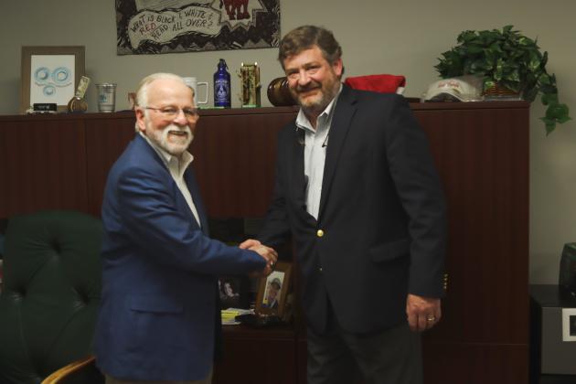 Foy Maloy, left, with Community Newspapers, Inc. Chairman Alan NeSmith, who shared the news that Maloy is stepping down as publisher of the News-Leader. Photo by Ashley Chandler/News-Leader