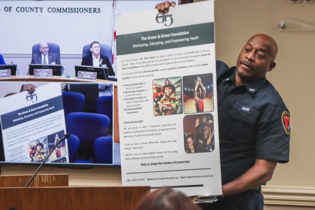 Dale Green speaks in October at the Board of County Commissioners meeting after the board recognized his retirement from Nassau County Fire Rescue. Photo by Ashley Chandler/News-Leader