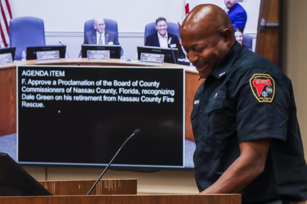 Dale Green speaks at the Board of County Commissioners meeting after the board recognized his retirement from Nassau County Fire Rescue. Photo by Ashley Chandler/News-Leader