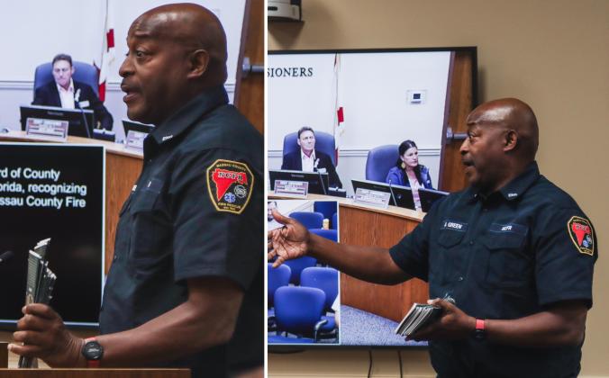 Dale Green speaks about his nonprofit Green and Green Foundation in October at the Board of County Commissioners meeting after the board recognized his retirement from Nassau County Fire Rescue. Photos by Ashley Chandler/News-Leader