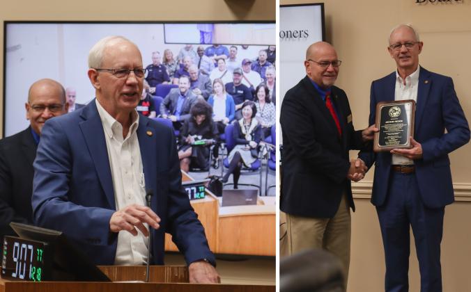 Left: Hickox speaks Dec. 18 at the Board of County Commissioners meeting. Right: John Martin, left, presents Michael Hickox with a proclamation Dec. 18 at the Board of County Commissioners meeting, recognizing his retirement after 12 years of service as Nassau County Property Appraiser after 12 years of service. Photos by Ashley Chandler/News-Leader