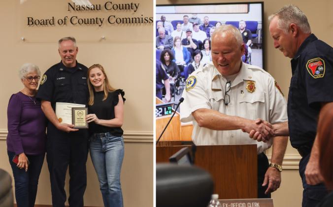 Left:Jason Murphy poses with his family and a plaque that recognizes 25 years with Nassau County Fire Rescue. Right: Chief Greg Roland shakes hands with Jason Murphy who was recognized Dec. 18 for 25 years with Nassau County Fire Rescue on Dec. 18. Photos by Ashley Chandler/News-Leader