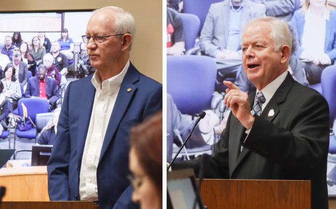 Michael Hickox, left, and John A. Crawford, right, were both recognized Dec. 18 for their retirements from Nassau County. Hickox retired as Nassau County Property Appraiser after 12 years of service, and Crawford retired as the Nassau County Clerk of Courts and Comptroller after 28 years of service. Photos by Ashley Chandler/News-Leader