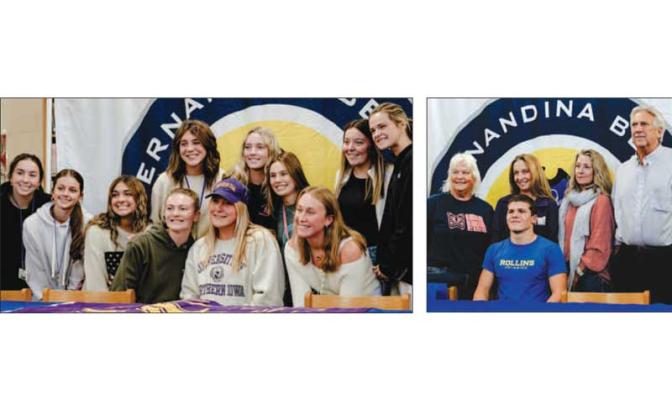 Giedrys with her friends.  Above right, Walker and his swimming coaches. PHOTO BY PENNY GLACKIN/SPECIAL