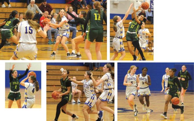 The Fernandina Beach Middle School varsity girls basketball team takes on visiting Yulee on Tuesday night. Lady Pirate Sara Drawdy, top left, and FBMS’s Amelia Johnson and Lady Hornet Elena James, top right. Yulee’s Harlow Smith and Drawdy, above left. Yulee’s Sophia Mondares with FBMS’s Natalie Weiser and Johnson, above center. Yulee’s Danae Moncrieffe dribbles down the court, above right. Photos by Beth Jones/News-Leader