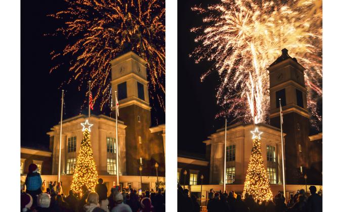 Fireworks explode behind the Robert M. Foster Justice Center as the Christmas tree is lit Friday at Nassau County's Annual Tree Lighting. This year the event was held as part of the yearlong bicentennial celebration. Photos by Ashley Chandler/News-Leader