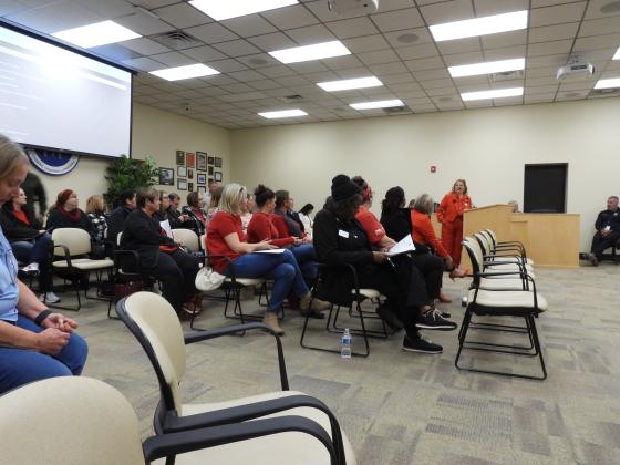 A packed house at the recent Nassau County School Board meeting shows support for education support professionals amid millage funding debate. Photo by Tracy McCormick-Dishman/News-Leader